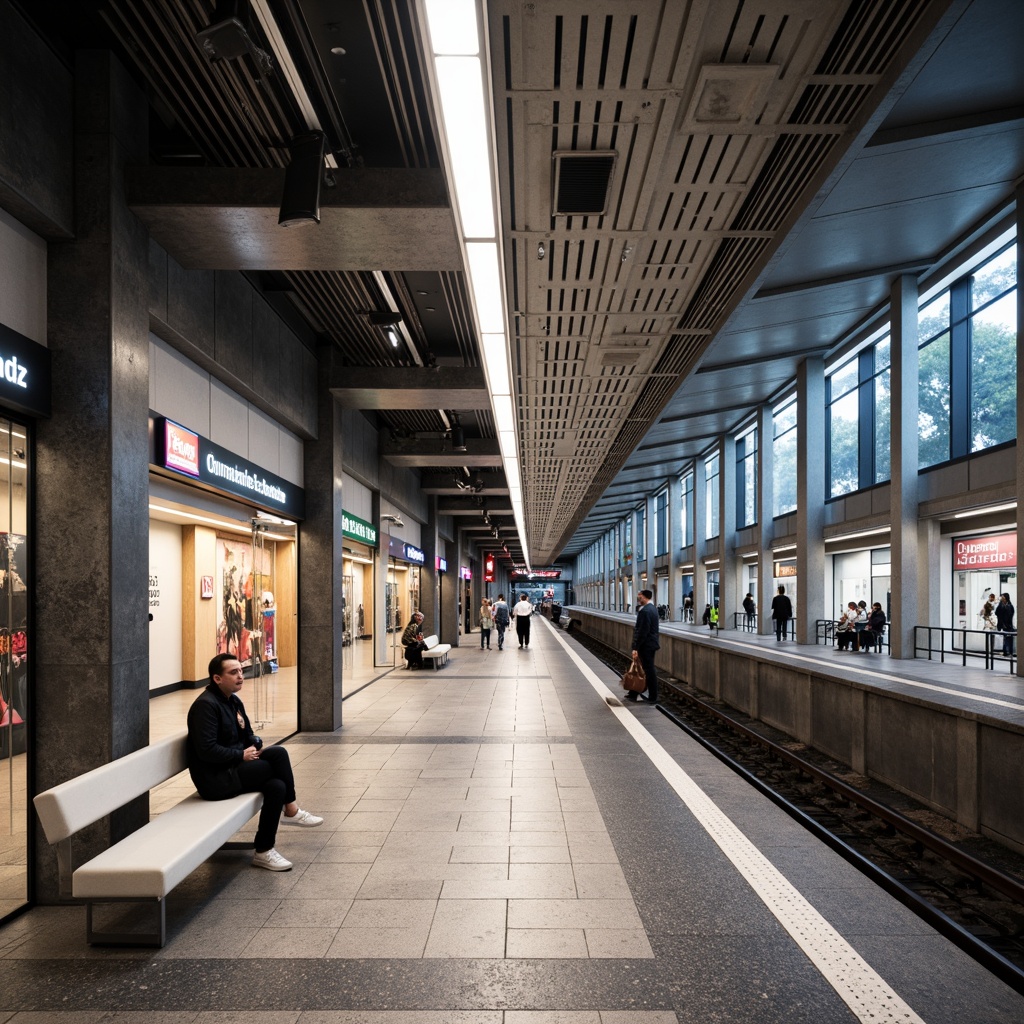 Prompt: Modern metro station interior, efficient layout, sleek signage, LED displays, stainless steel handrails, polished granite floors, minimalist benches, ample natural light, high ceilings, spacious platforms, intuitive wayfinding, clear pedestrian flow, commercial retail spaces, vibrant urban art installations, warm ambient lighting, shallow depth of field, 1/2 composition, realistic textures, ambient occlusion.