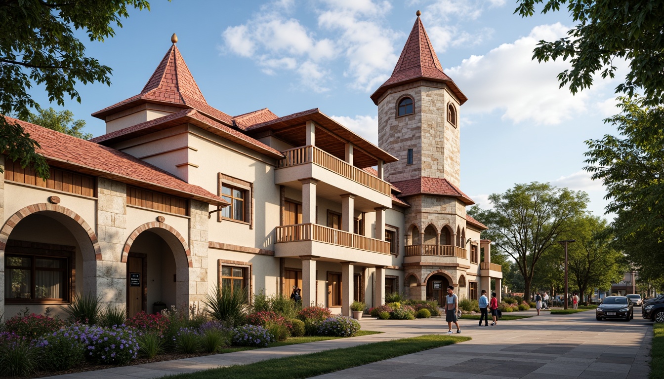 Prompt: Rustic school building, Romanesque style architecture, intricately carved stonework, grand entrance archways, ornate bell towers, vibrant red roof tiles, curved clay roofing, decorative eaves, ornamental finials, educational signage, lush greenery, blooming flowers, sunny day, soft warm lighting, shallow depth of field, 3/4 composition, panoramic view, realistic textures, ambient occlusion.