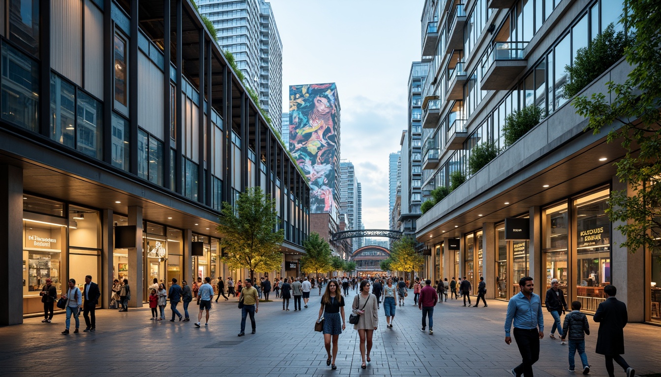 Prompt: Vibrant cityscape, bustling streets, modern metro stations, sleek glass facades, steel beams, urban infrastructure, pedestrian walkways, public art installations, green roofs, energy-efficient systems, natural ventilation, LED lighting, futuristic architecture, busy commuters, rush hour scenes, shallow depth of field, 1/2 composition, realistic textures, ambient occlusion.