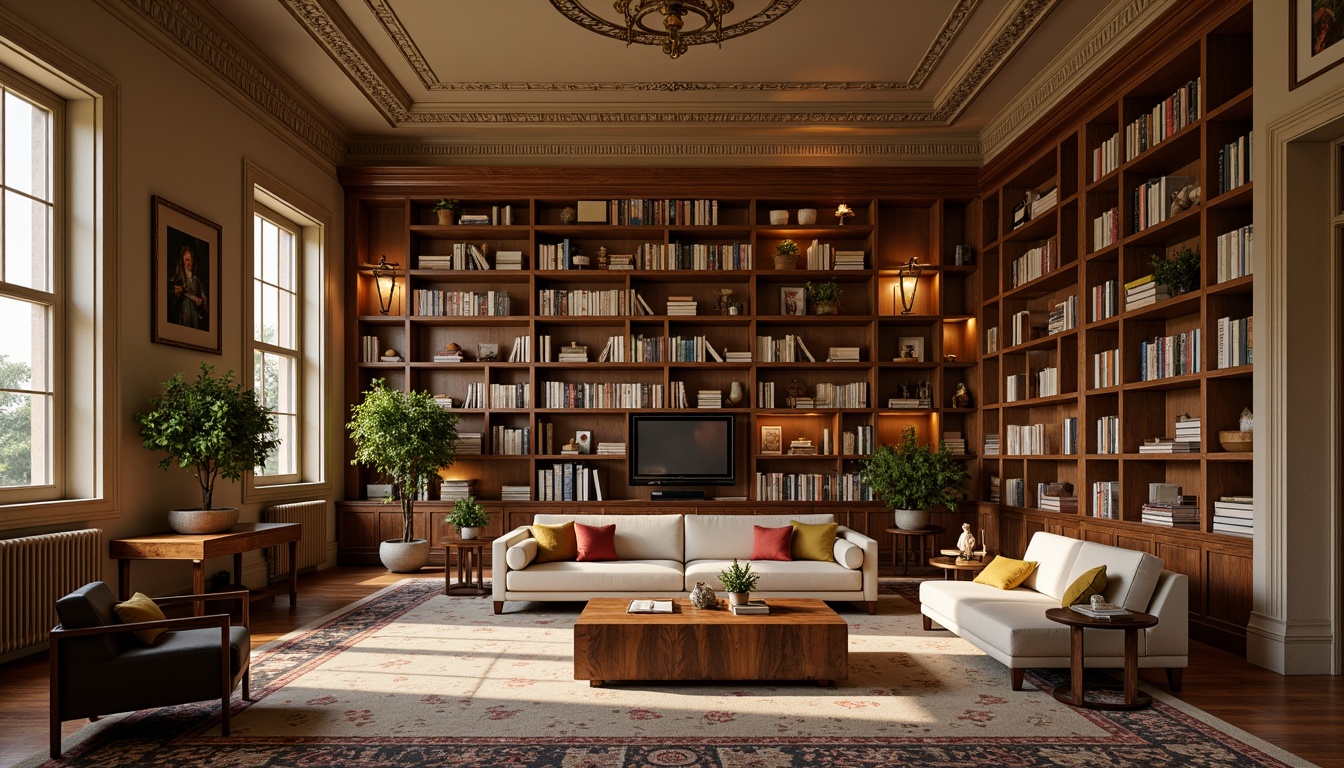 Prompt: Cozy library atmosphere, warm wooden shelves, vintage leather-bound books, soft golden lighting, earthy color tones, rich walnut wood accents, plush comfortable seating, natural fiber textiles, subtle patterned rugs, calm muted colors, soothing beige walls, elegant crown molding, ornate metal fixtures, warm cream-colored marble, inviting reading nooks, floor-to-ceiling bookcases, dramatic high ceilings, soft warm glow, 1/2 composition, realistic textures, ambient occlusion.