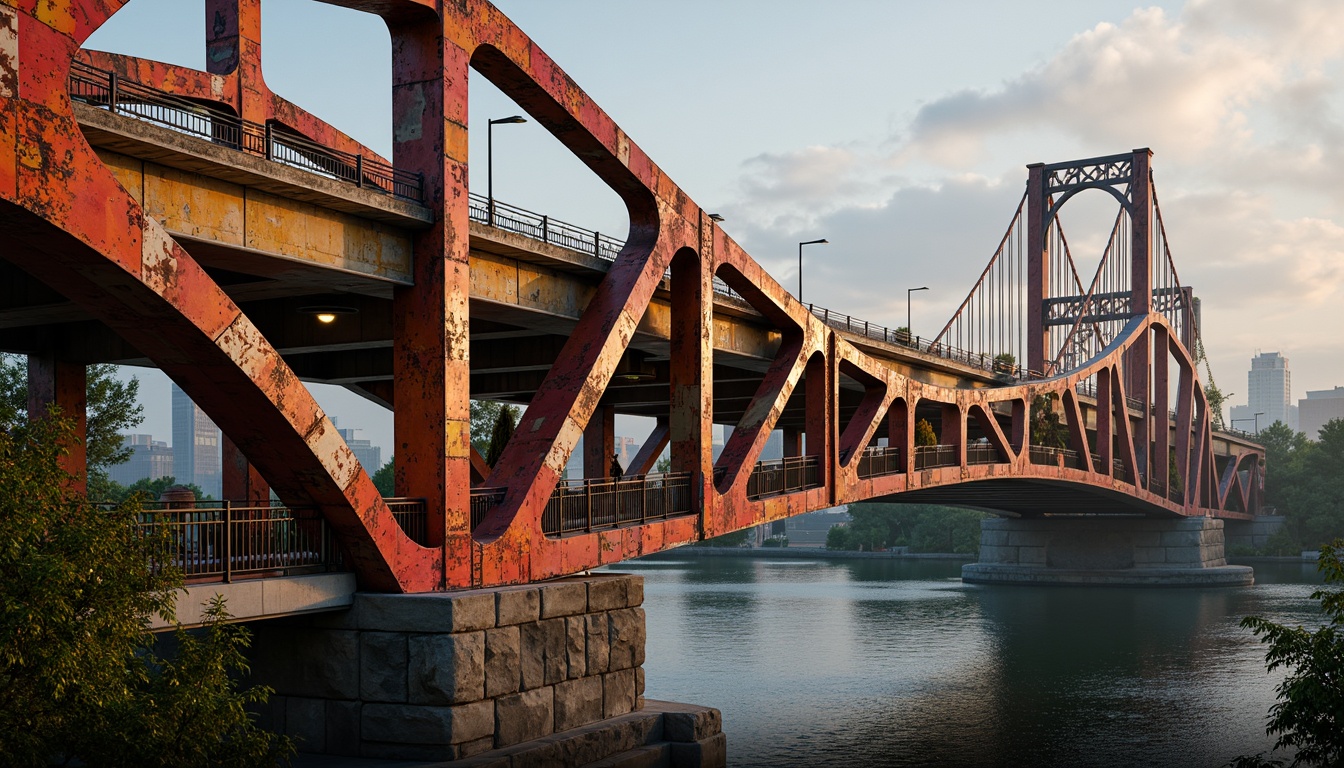 Prompt: Vibrant eclectic bridge, curved steel arches, ornate ironwork, rustic stone piers, dynamic suspension cables, intricate truss systems, asymmetrical towers, bold color accents, textured concrete foundations, atmospheric misty surroundings, warm golden lighting, shallow depth of field, 2/3 composition, dramatic low-angle view, realistic metallic reflections, ambient occlusion.