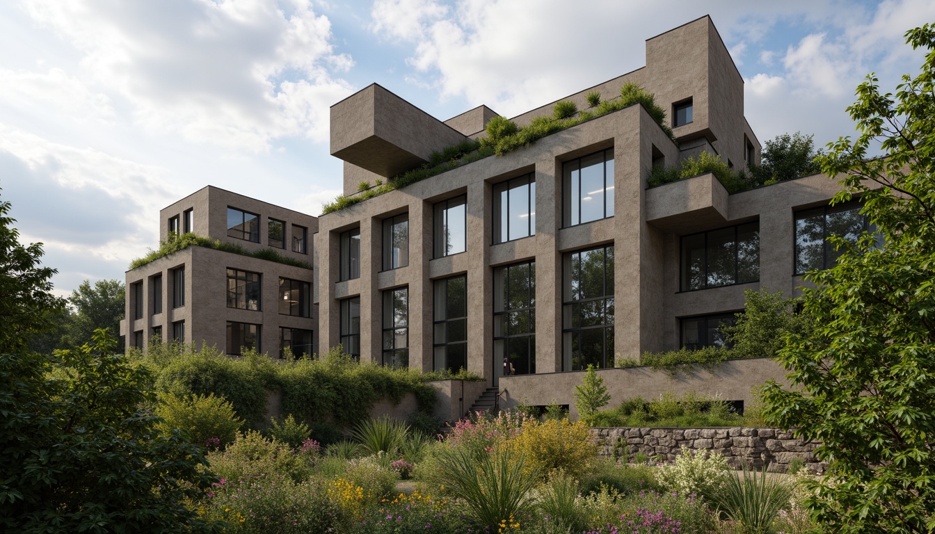 Prompt: Rugged brutalist buildings, raw concrete textures, bold geometric forms, fortress-like structures, aggressive cantilevers, heavy industrial materials, dense foliage integration, lush green roofs, overgrown walls, wildflower meadows, weathered steel accents, muted earth tones, dramatic shadows, harsh natural light, 1/1 composition, low-angle shot, realistic atmospheric effects.