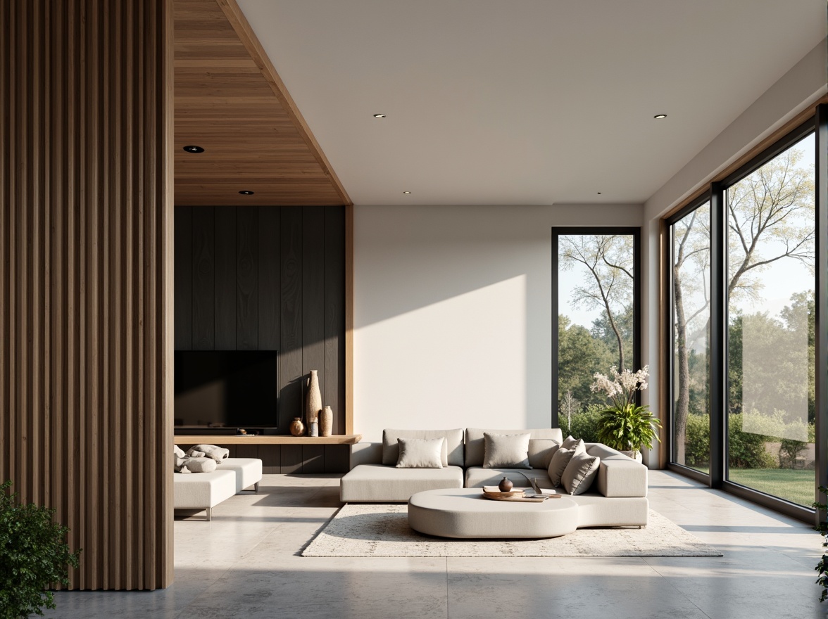 Prompt: Modern architecture, sleek lines, minimalist design, monochromatic color scheme, bold accent walls, rich wood tones, neutral background, calming atmosphere, natural stone floors, large windows, abundance of natural light, subtle gradient effects, 3D modeling, realistic textures, ambient occlusion, soft box lighting, cinematic composition.