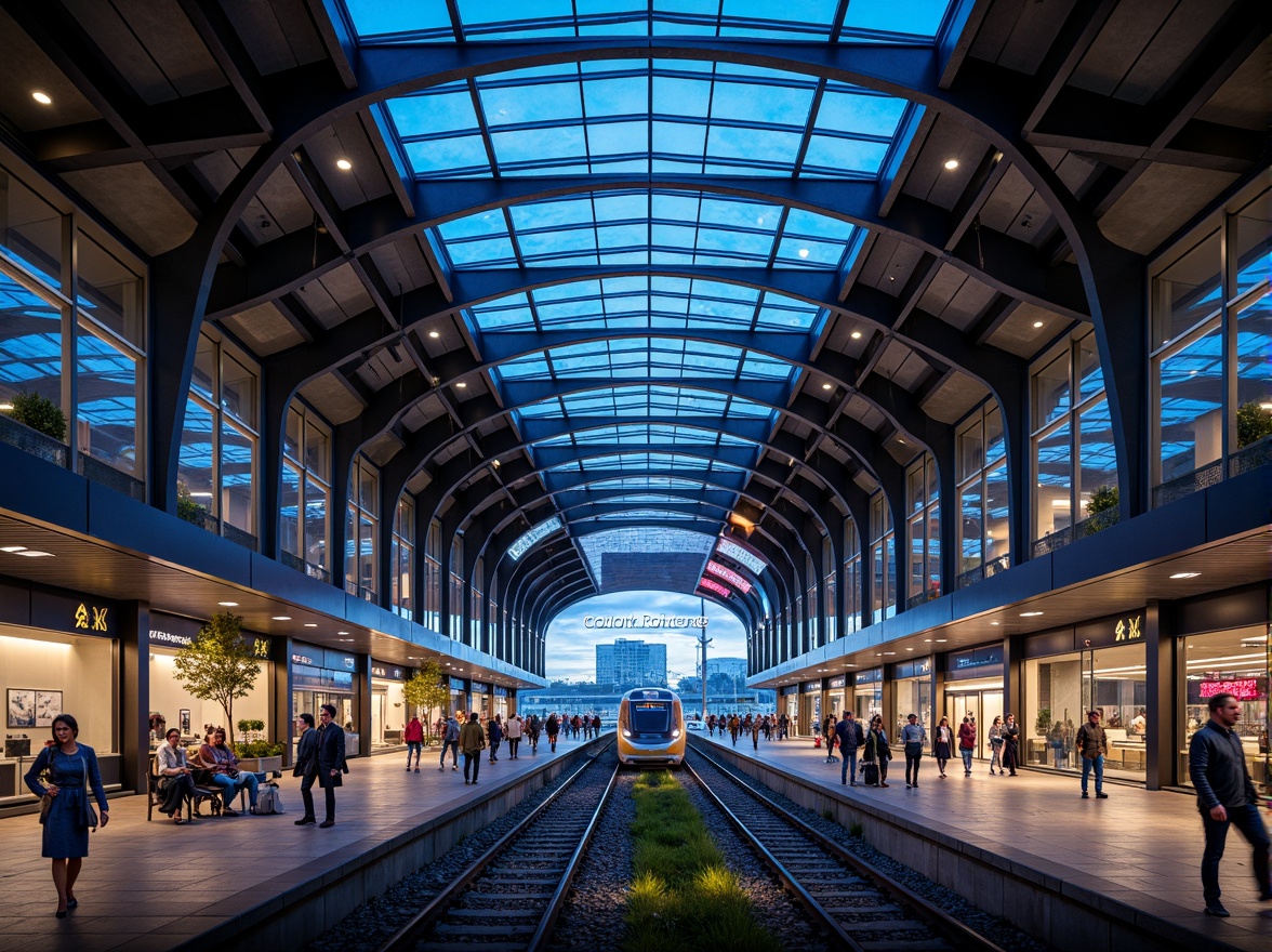 Prompt: Sleek modern train station, curved lines, stainless steel accents, large glass roofs, minimalist architecture, industrial chic interiors, urban cityscape, busy streets, vibrant neon lights, nighttime scenes, shallow depth of field, 1/1 composition, symmetrical framing, high-contrast lighting, realistic reflections, ambient occlusion, futuristic feel, dynamic shapes, geometric patterns, metallic materials, LED light installations, rhythmic pillars, cantilevered structures, grand entrance halls, spacious waiting areas.