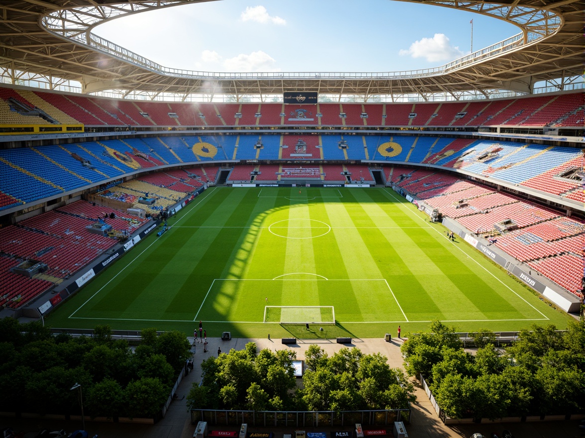 Prompt: Vibrant soccer stadium, bold cultural patterns, traditional African textiles, colorful tribal motifs, intricate Islamic geometric designs, ornate Latin American tile work, dynamic Asian-inspired architecture, majestic European-style grandstands, lush greenery, warm sunny day, soft natural lighting, shallow depth of field, 3/4 composition, panoramic view, realistic textures, ambient occlusion.