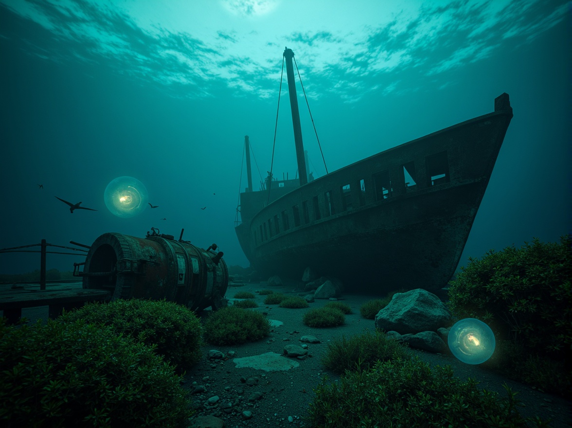 Prompt: Mysterious underwater scene, dark cyan hues, eerie bioluminescent creatures, glowing jellyfish, abandoned shipwreck, rusty metal debris, seaweed-covered rocks, misty ocean atmosphere, soft blue-green lighting, shallow depth of field, 1/2 composition, cinematic mood, realistic water textures, subtle ambient occlusion.