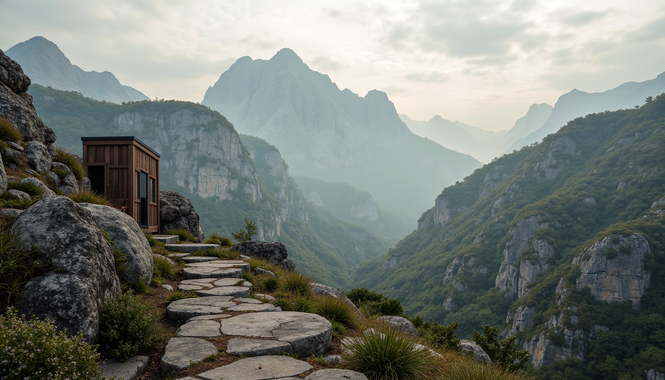 Prompt: Majestic mountain range, rugged rocky formations, serene misty atmosphere, earthy tone color palette, moss-covered stones, weathered wooden accents, natural linen textures, soft warm lighting, shallow depth of field, 1/2 composition, realistic rock details, ambient occlusion, gentle fog effects, subtle gradient skies, creamy whites, soothing blues, muted greens, rusty reds, earthy browns.