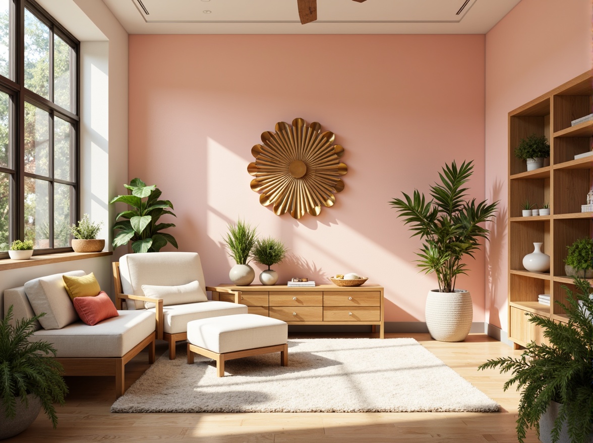 Prompt: Vibrant modern interior, pastel hues, soft peach walls, creamy white furniture, rich wood accents, metallic gold decor, lush greenery, natural light pouring in, warm cozy atmosphere, shallow depth of field, 1/1 composition, realistic textures, ambient occlusion.