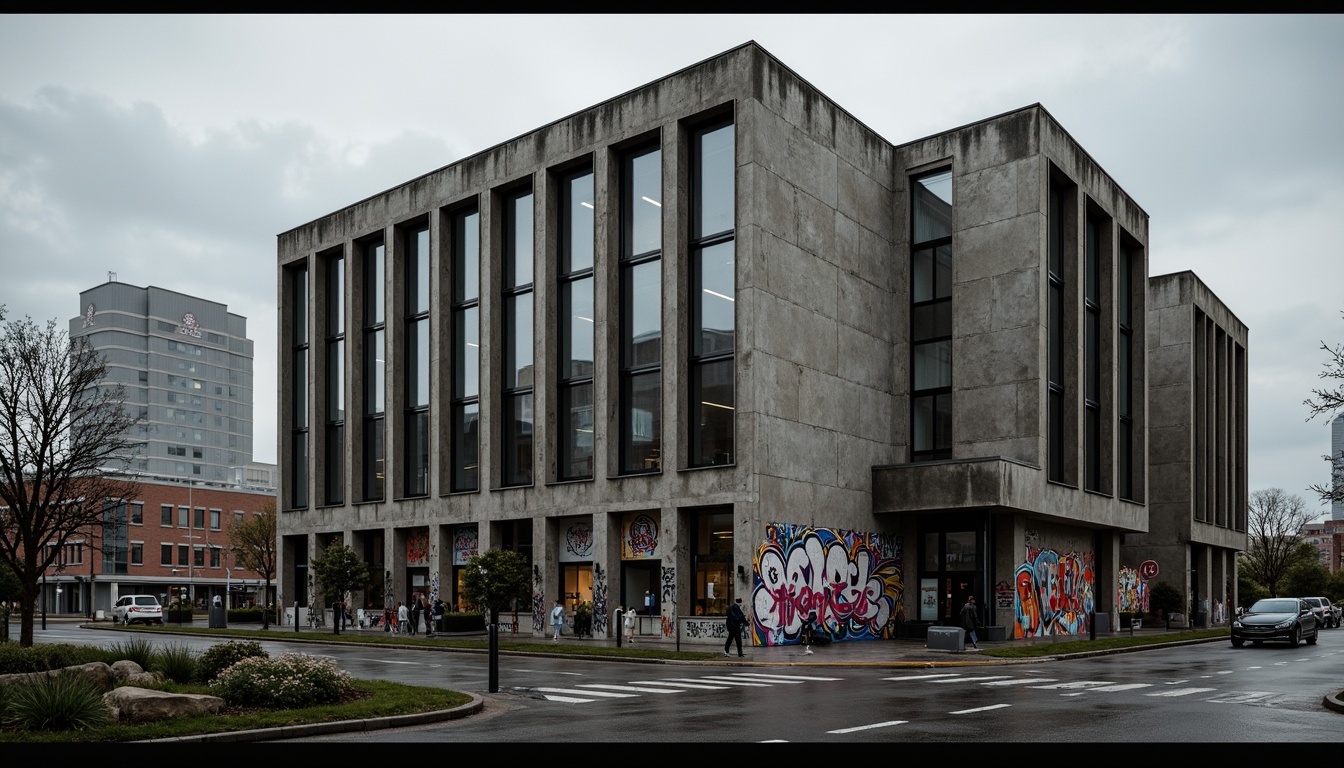 Prompt: Rugged high school building, brutalist architecture, raw concrete walls, angular geometric shapes, industrial metal frames, bold graphic patterns, vibrant graffiti murals, urban cityscape background, overcast cloudy day, dramatic chiaroscuro lighting, low-angle composition, cinematic mood, realistic textures, ambient occlusion, intricate stonework details, weathered steel accents, exposed ductwork systems.