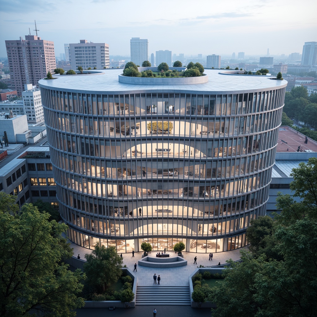 Prompt: Curved hospital facade, futuristic constructivism style, metallic latticework, parametric design, irregular shapes, cantilevered volumes, double-glazed windows, LED lighting installations, urban cityscape, morning mist, soft natural light, shallow depth of field, 1/2 composition, cinematic perspective, high-contrast textures, ambient occlusion, sterile white interior, medical equipment, nurse stations, patient rooms, waiting areas, green roofs, rainwater harvesting systems, wind turbines, sustainable energy solutions.