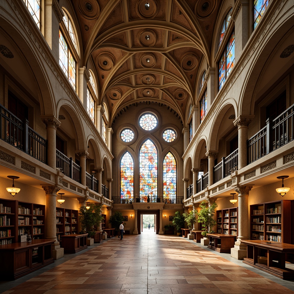 Prompt: Grandiose school building, Romanesque arches, ornate carvings, intricate stone details, vibrant stained glass windows, rusticated stonework, grand entranceways, imposing columns, decorative capitals, ornamental metalwork, lavish furnishings, rich wood tones, warm golden lighting, soft focus, shallow depth of field, 2/3 composition, symmetrical framing, realistic textures, ambient occlusion.