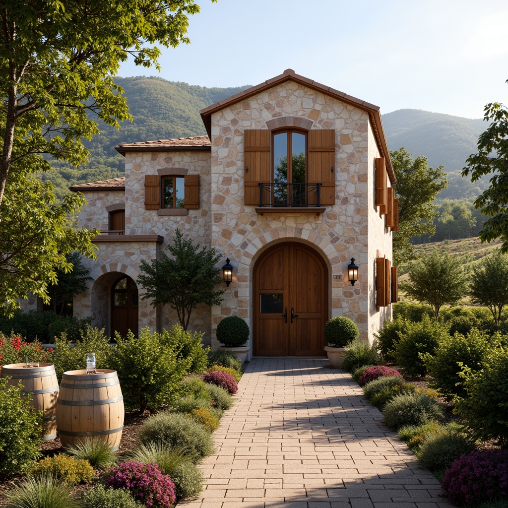 Prompt: Rustic winery facade, stone walls, wooden accents, vineyard surroundings, rolling hills, Mediterranean climate, warm sunny day, soft natural lighting, earthy color palette, curved arches, ornate metalwork, decorative stonework, rustic wooden doors, large windows, French oak barrels, wine cellar entrance, aged brick pathways, lush greenery, trellised vines, rural landscape, 1/1 composition, shallow depth of field, warm ambient lighting.