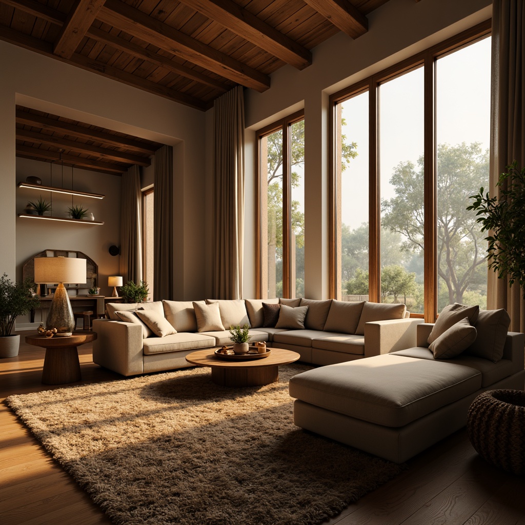 Prompt: Cozy living room, warm golden lighting, soft shadows, plush furniture, textured rugs, modern lamp fixtures, LED strip lights, ambient glow, dramatic ceiling heights, wooden accents, floor-to-ceiling windows, natural daylight, subtle color temperatures, 1/1 composition, realistic reflections, atmospheric fog effects.