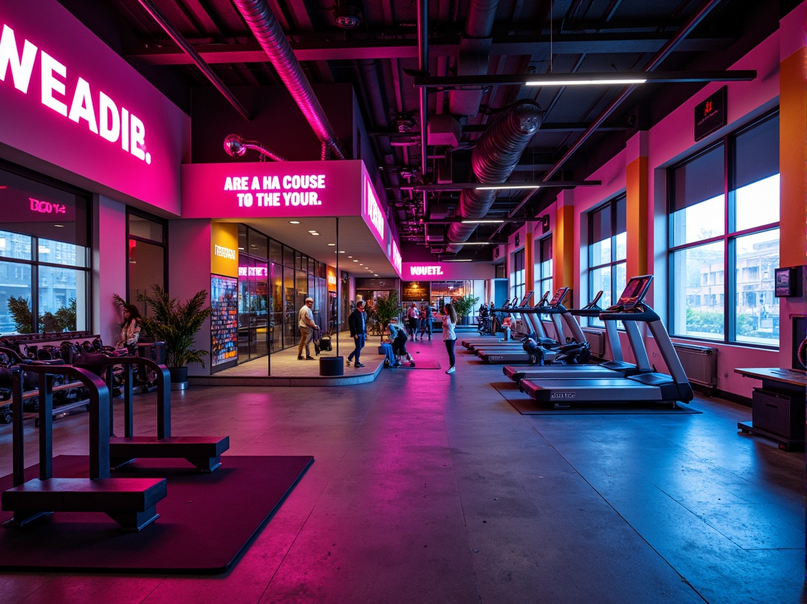 Prompt: Vibrant fitness club interior, bold color scheme, energetic atmosphere, neon-lit signage, sleek metal equipment, rubber flooring, motivational quotes, modern architecture, angular lines, industrial chic decor, high-ceiling windows, natural light, refreshing air circulation, lively background music, dynamic lighting effects, 3/4 composition, shallow depth of field, realistic textures, ambient occlusion.