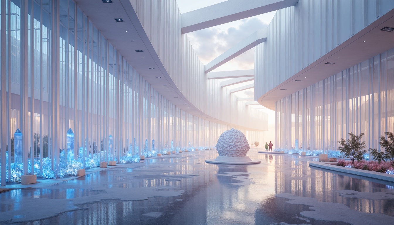 Prompt: Ethereal atmosphere, soft diffused light, delicate translucent fabrics, iridescent glass surfaces, shimmering crystal prisms, luminous LED installations, futuristic architecture, sleek minimalist design, subtle color gradients, ambient occlusion, misty morning dew, gentle warm glow, 1/1 composition, realistic reflections, high-key lighting.