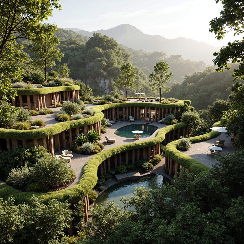 Prompt: Harmonious building integration, lush green roofs, native plant species, natural stone walls, curved lines, organic shapes, earthy color palette, seamless transitions, minimal visual impact, eco-friendly materials, solar panels, rainwater harvesting systems, maximized natural light, passive ventilation, blurred boundaries, scenic vistas, serene atmosphere, warm diffused lighting, 1/2 composition, atmospheric perspective, realistic textures.