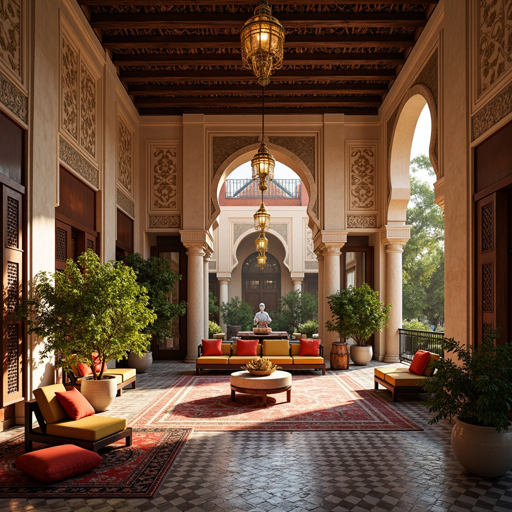 Prompt: \Vibrant Moroccan riad, intricate geometric tiles, ornate Islamic patterns, colorful textiles, plush cushions, ornamental lanterns, grand archways, symmetrical architecture, majestic columns, opulent chandeliers, warm golden lighting, shallow depth of field, 1/1 composition, realistic textures, ambient occlusion.\