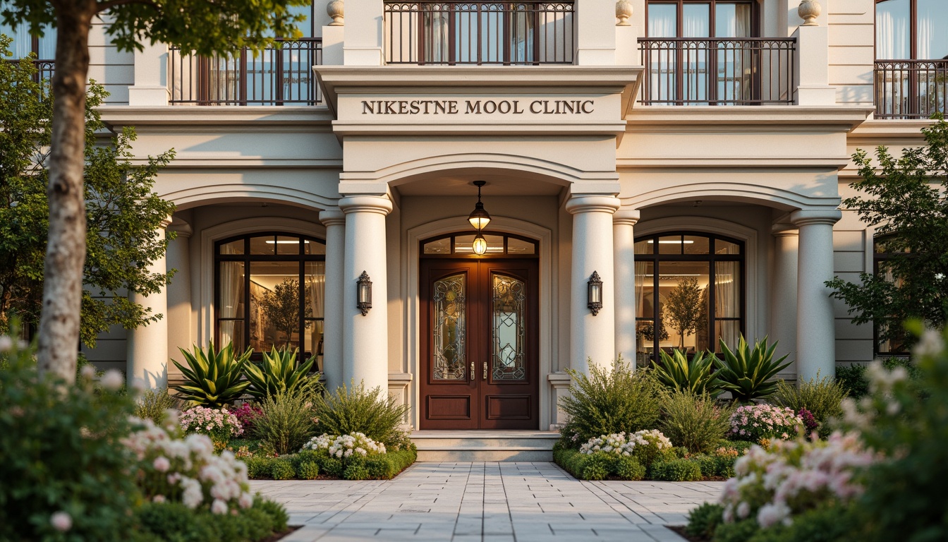 Prompt: Whimsical clinic facade, ornate Victorian details, soft pastel colors, delicate filigree patterns, grand entrance archways, elegant columns, intricate stonework, lush greenery, blooming flowers, natural stone walls, stained glass windows, warm golden lighting, shallow depth of field, 1/2 composition, romantic atmosphere, realistic textures, ambient occlusion.