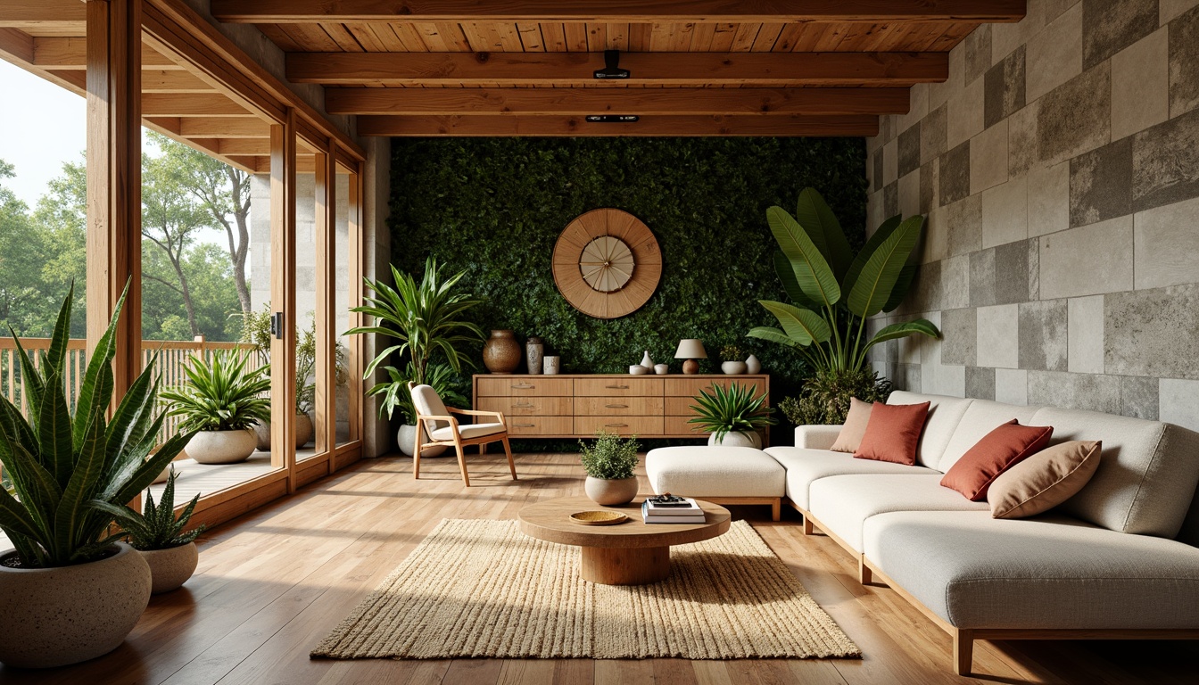 Prompt: Cozy apartment interior, organic architecture style, natural materials palette, reclaimed wood accents, bamboo flooring, living green walls, lush indoor plants, earthy color scheme, stone feature walls, woven wicker furniture, jute rug, linen upholstery, soft warm lighting, 1/1 composition, shallow depth of field, realistic textures, ambient occlusion.