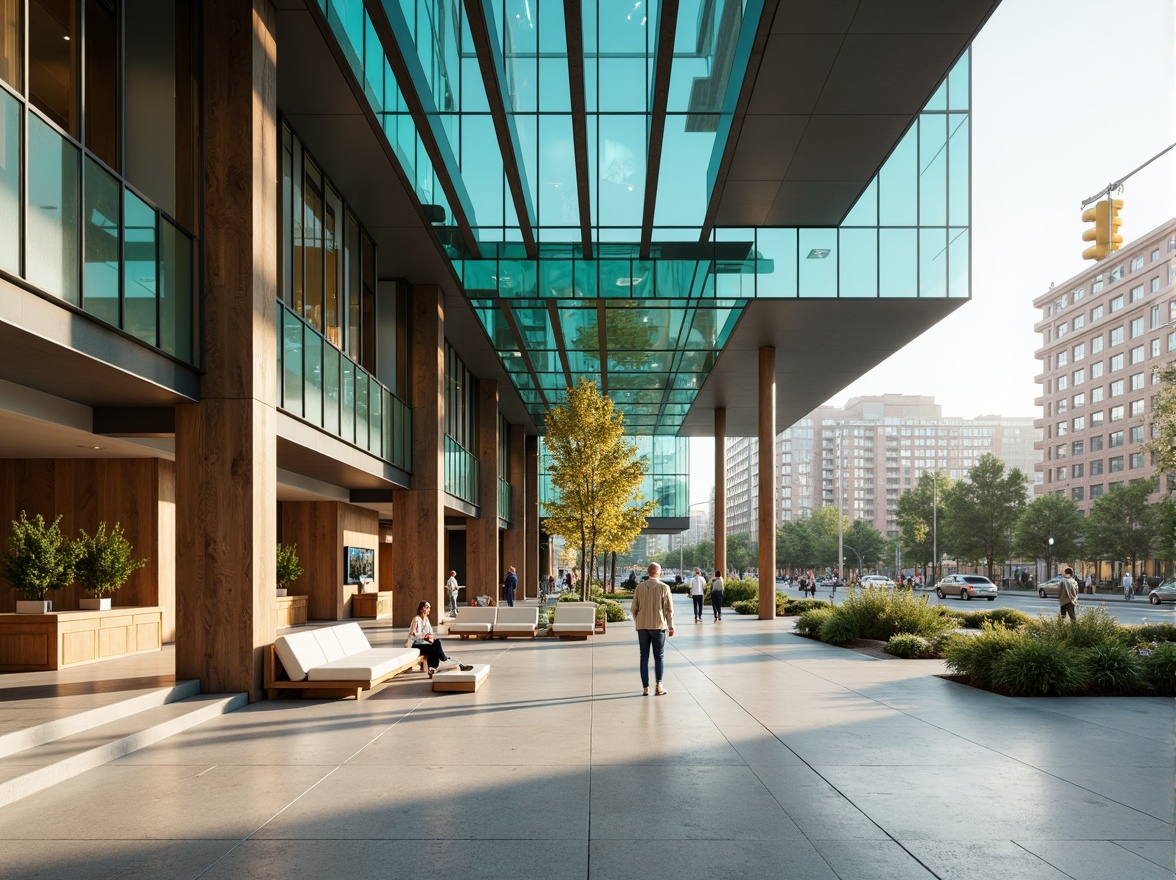 Prompt: Modern office building, fusion architecture, sleek glass facades, steel frames, neutral color palette, beige walls, dark wood accents, polished marble floors, vibrant turquoise highlights, soft cream furnishings, minimalist decor, natural light infusion, 1/1 composition, shallow depth of field, realistic textures, ambient occlusion, urban cityscape views, busy street scenes, morning sunlight, warm atmospheric lighting.