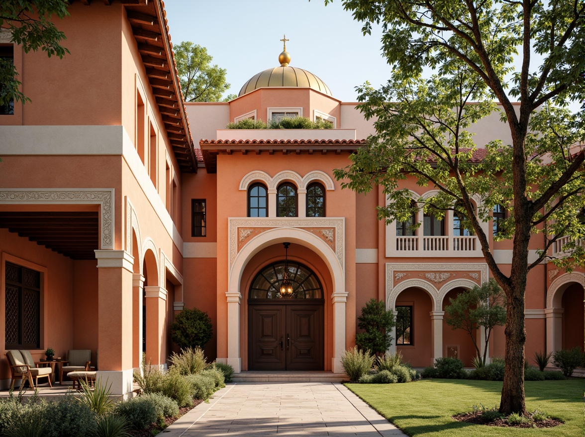 Prompt: Warm terracotta facades, ornate stone carvings, golden domes, intricate mosaics, rich turquoise accents, soft cream archways, rustic wooden doors, vibrant crimson roofs, ornamental ironwork, lush greenery, ancient olive trees, warm afternoon sunlight, soft warm lighting, shallow depth of field, 3/4 composition, realistic textures, ambient occlusion.