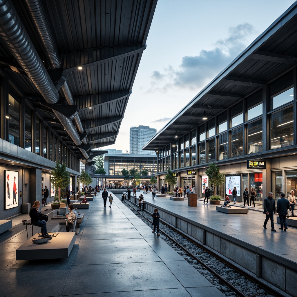 Prompt: Modern transportation hub, sleek metal fa\u00e7ade, glass roofs, polished concrete floors, industrial-style lighting, exposed ductwork, minimalist seating areas, stainless steel handrails, LED signage, dynamic digital displays, futuristic architecture, high-tech materials, metallic accents, reflective surfaces, angular lines, urban cityscape, bustling atmosphere, morning rush hour, soft natural light, shallow depth of field, 1/1 composition, realistic textures, ambient occlusion.