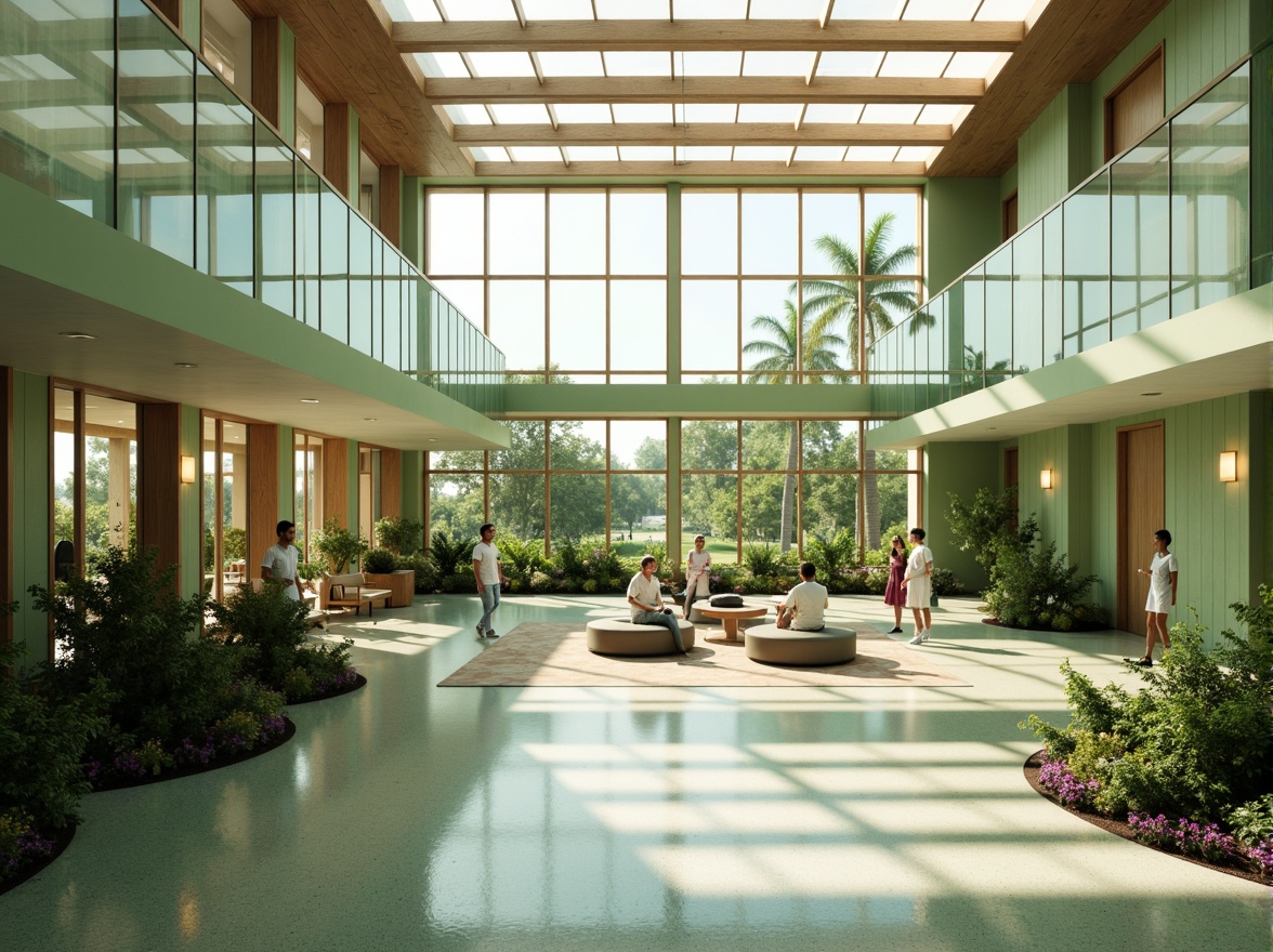 Prompt: Calming hospital interior, abundant natural light, floor-to-ceiling windows, minimal obstruction, soft warm glow, healing ambiance, green walls, living plants, wooden accents, gentle color palette, ergonomic furniture, circular layout, open nurses' stations, comfortable patient rooms, oversized skylights, clerestory windows, solar tubes, energy-efficient lighting systems, subtle shading devices, indirect daylighting, serene atmosphere, quiet tones, acoustic comfort, noise reduction materials.