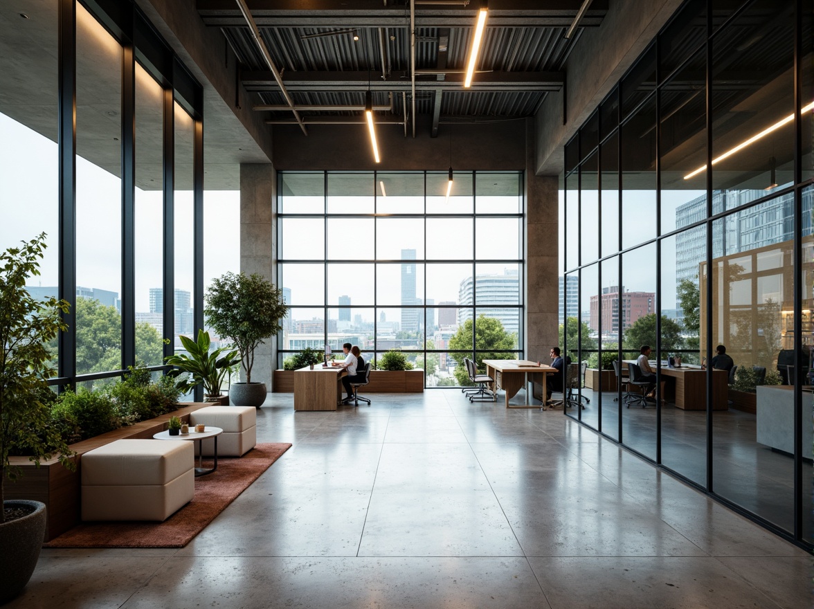 Prompt: Minimalist office space, sleek glass walls, reflective surfaces, industrial chic aesthetic, urban cityscape, steel beams, polished concrete floors, geometric lines, abundant natural light, modern LED lighting, cozy breakout areas, ergonomic furniture, collaboration zones, greenery installations, vertical gardens, calming ambiance, warm neutral color palette, shallow depth of field, 2/3 composition, soft focus, realistic reflections.