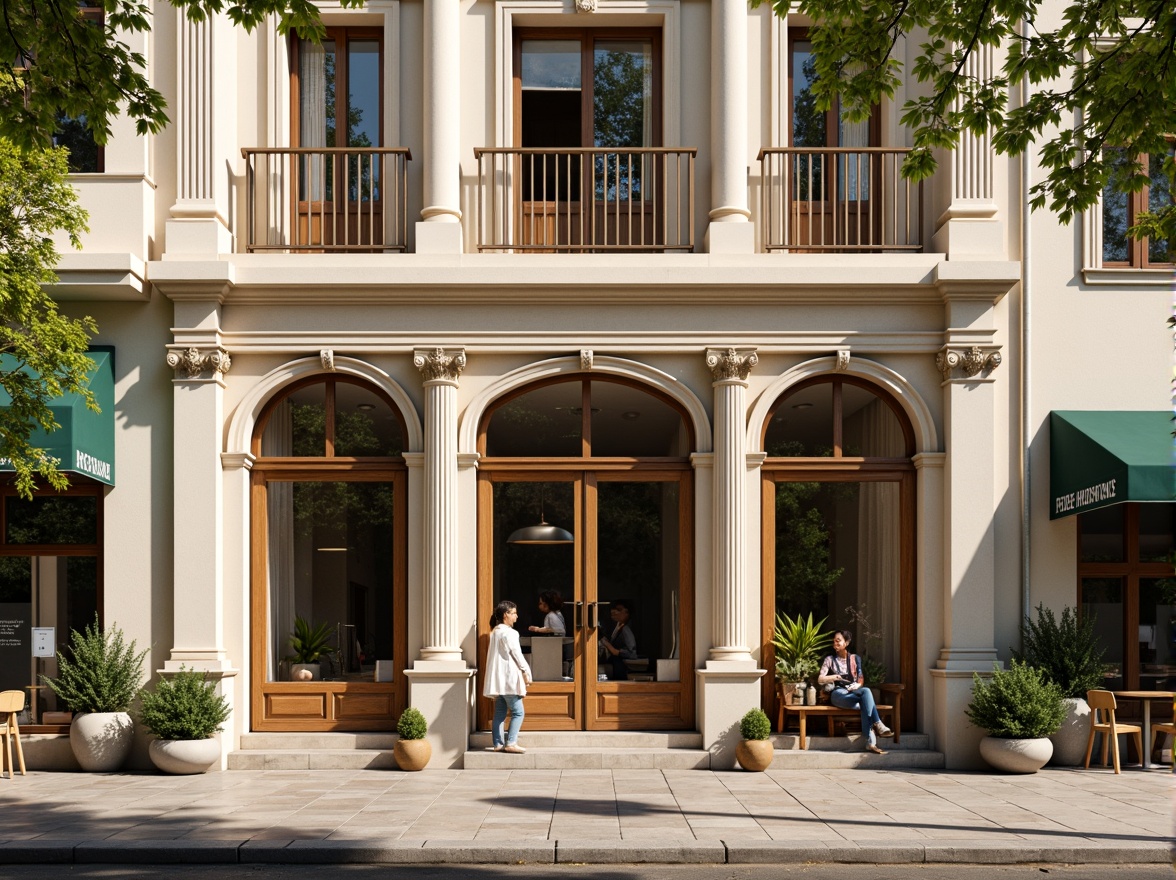 Prompt: Elegant coffee shop facade, neoclassical columns, ornate cornices, symmetrical composition, grand entrance, wooden doors, bronze hardware, large windows, frosted glass, subtle arches, soft cream-colored walls, rustic stone base, lush greenery, potted plants, outdoor seating area, warm sunny day, soft natural lighting, shallow depth of field, 1/1 composition, realistic textures, ambient occlusion.