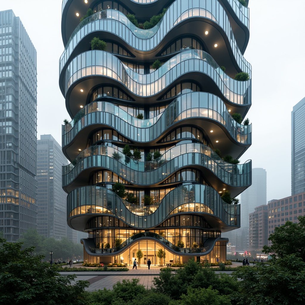 Prompt: Curvaceous skyscraper, undulating facade, iridescent glass panels, organic blob-like structures, futuristic architecture, swooping lines, fluid shapes, cantilevered floors, verdant green roofs, lush vegetation, misty atmosphere, soft warm lighting, shallow depth of field, 1/2 composition, dynamic camera angles, cinematic rendering, detailed textures, ambient occlusion, vibrant colorful accents, metallic materials, reflective surfaces.