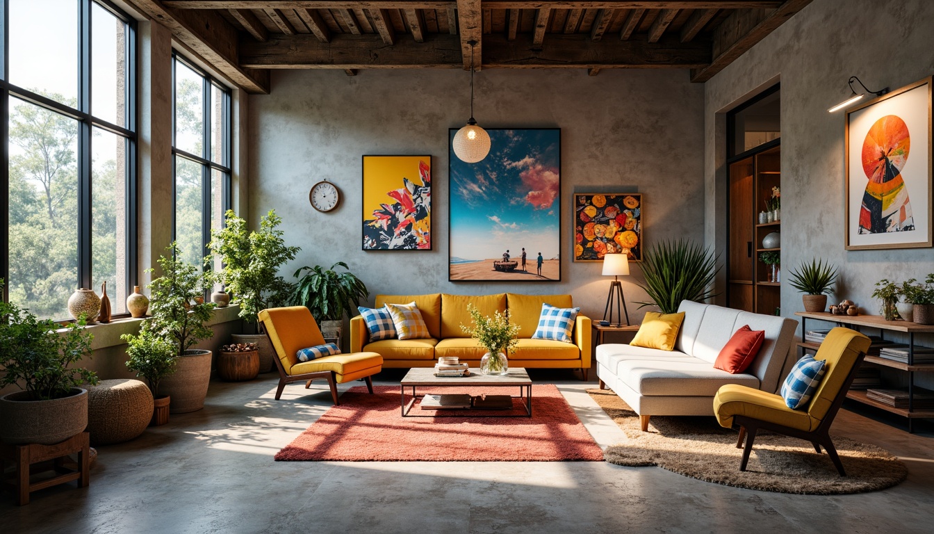 Prompt: Vibrant design studio, modern artistic space, eclectic furniture pieces, bold color accents, abstract artwork, industrial metal beams, polished concrete floors, natural light pouring in, warm cozy atmosphere, softbox lighting, 3/4 composition, shallow depth of field, realistic textures, ambient occlusion.