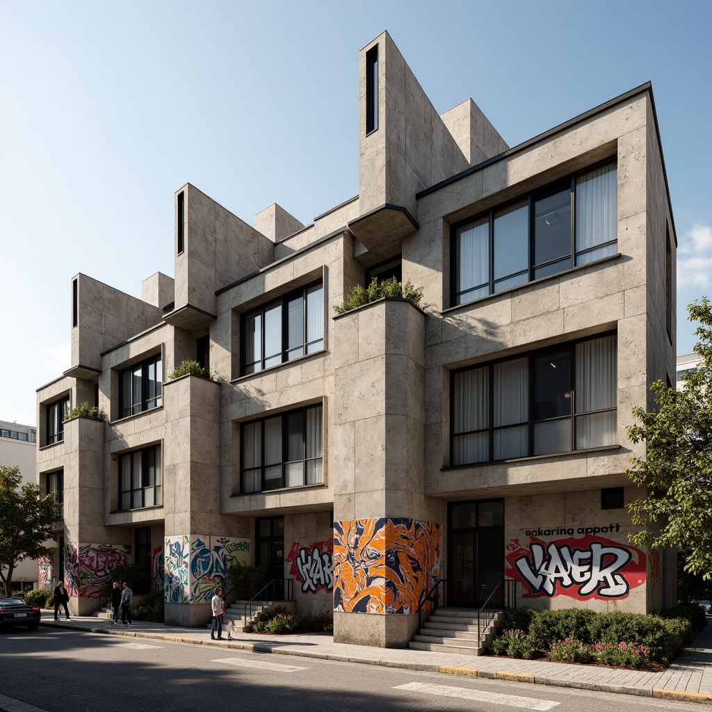 Prompt: Rugged high school building, brutalist architecture, raw concrete walls, exposed ductwork, industrial metal beams, bold geometric forms, angular lines, dramatic cantilevered roofs, oversized windows, abstract graffiti murals, vibrant street art, urban cityscape, sunny afternoon, soft warm lighting, shallow depth of field, 3/4 composition, realistic textures, ambient occlusion.