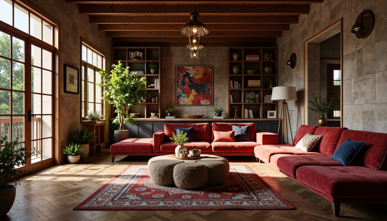 Prompt: Luxurious velvet fabrics, rich wood grain textures, metallic accents, sleek glass surfaces, natural stone walls, earthy terracotta tiles, soft suede upholstery, industrial metal beams, reclaimed wooden planks, vibrant colorful ceramics, intricate mosaic patterns, warm ambient lighting, shallow depth of field, 3/4 composition, realistic reflections, detailed normal maps.