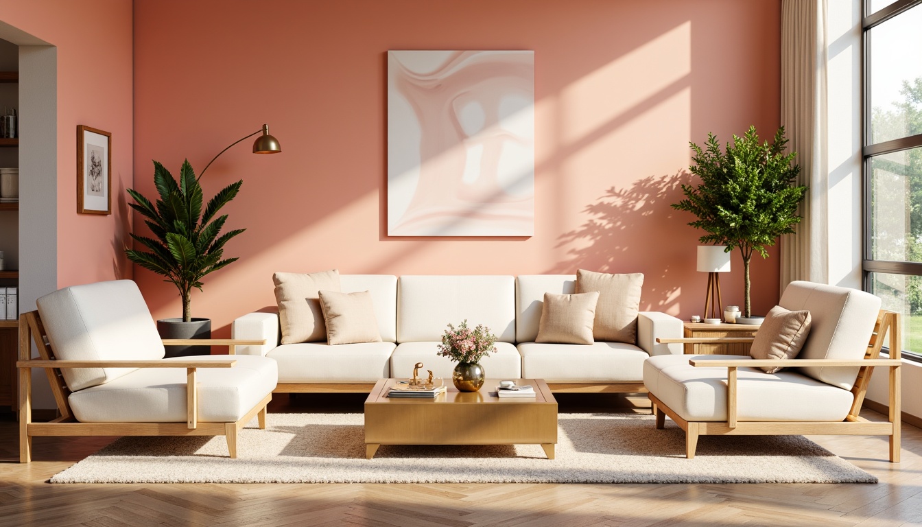 Prompt: Vibrant modern interior, pastel hues, soft peach walls, creamy white furniture, rich wood accents, metallic gold decor, lush greenery, natural light pouring in, warm cozy atmosphere, shallow depth of field, 1/1 composition, realistic textures, ambient occlusion.