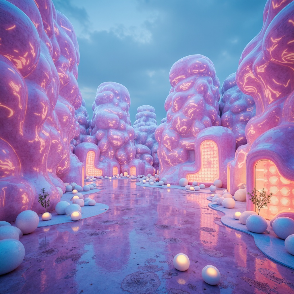 Prompt: Vibrant blob-like structures, iridescent hues, shimmering metallic surfaces, neon-lit accents, pastel color gradients, soft glowing lights, luminescent orbs, translucent canopies, wispy cloud-inspired shapes, delicate petal-like details, ethereal atmosphere, dreamy quality, surreal landscapes, futuristic ambiance, 1/1 composition, high-contrast lighting, bold graphic patterns, overlapping shapes, playful interactions.