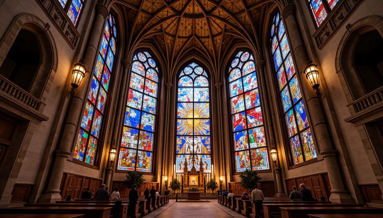 Prompt: Vibrant stained glass windows, kaleidoscope colors, ornate Gothic arches, intricate stone carvings, grand cathedral ceilings, majestic interior spaces, warm golden lighting, rich textures, detailed patterns, abstract compositions, fragmented images, medieval-inspired designs, spiritual ambiance, serene atmosphere, dramatic contrasts, 1/1 composition, soft focus, realistic rendering.