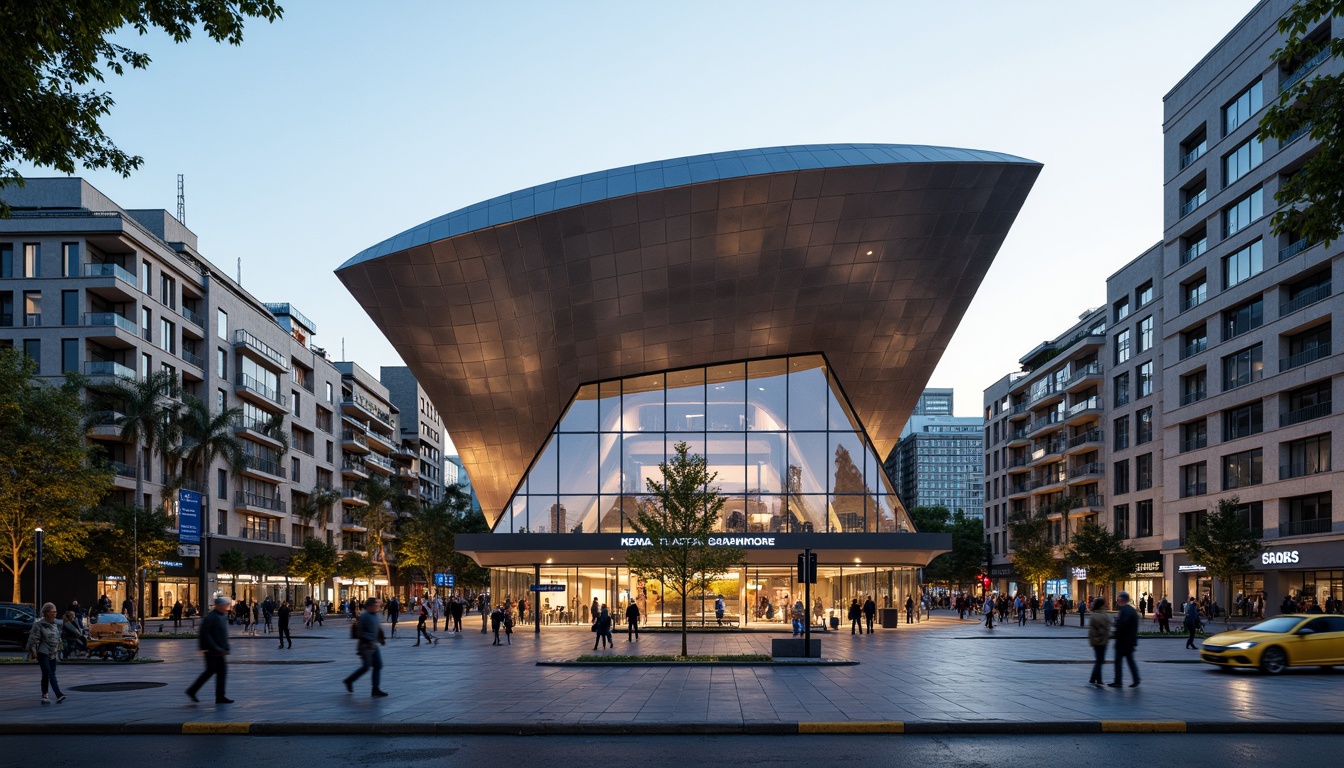 Prompt: Curved futuristic train station facade, sleek metallic cladding, bold angular lines, cantilevered rooflines, large floor-to-ceiling windows, minimalist signage, modern LED lighting, urban cityscape, busy streets, morning rush hour, shallow depth of field, 1/1 composition, symmetrical architecture, industrial materials, polished concrete floors, stainless steel columns, dynamic curves, aerodynamic shapes, high-speed rail networks, bustling pedestrian zones, vibrant urban atmosphere, warm evening light.