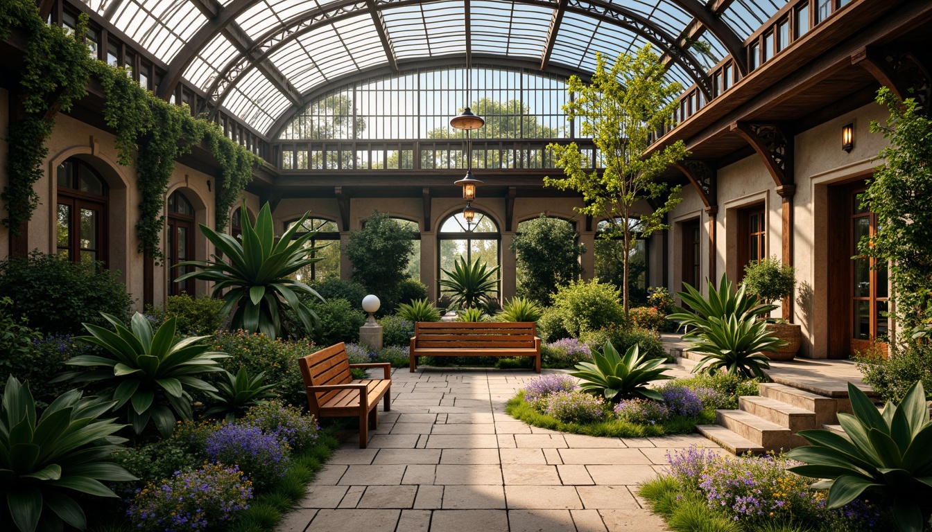 Prompt: Intricate ironwork, lush greenery, exotic plants, ornate wooden benches, delicate glass roofs, curved steel frames, natural stone pathways, vibrant flower arrangements, soft warm lighting, shallow depth of field, 3/4 composition, panoramic view, realistic textures, ambient occlusion, humid tropical atmosphere, misty morning dew, rustic wooden accents, elegant Victorian-inspired design, intricate ceramic tiles, ornate metal fixtures, grand entranceways, spacious interior volumes.