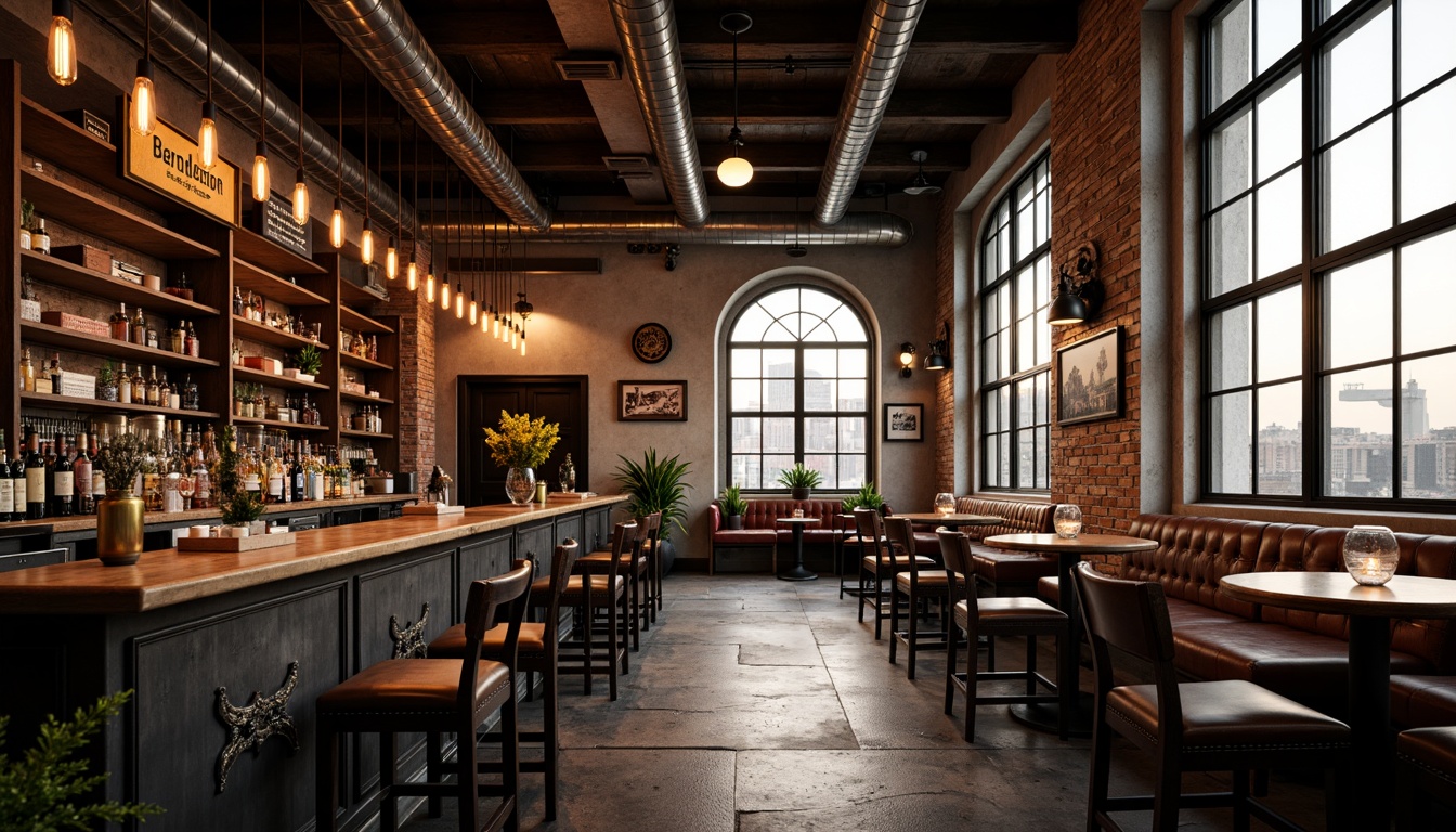 Prompt: Rustic industrial bar, exposed brick walls, metallic beams, reclaimed wood accents, distressed concrete floors, vintage factory windows, Edison bulb lighting, rich leather upholstery, ornate metalwork details, bold typography signage, urban cityscape views, warm golden hour lighting, shallow depth of field, 2/3 composition, gritty realistic textures, ambient occlusion.