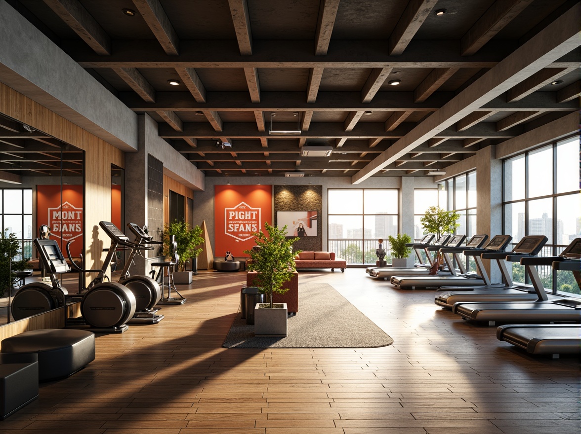 Prompt: Modern fitness club interior, large windows, abundant natural light, mirrored walls, sleek metal equipment, wooden floors, vibrant color accents, motivational quotes, energizing atmosphere, high ceilings, open spaces, minimalist design, sustainable materials, energy-efficient systems, green roofs, outdoor terraces, cityscape views, early morning sunlight, soft warm lighting, shallow depth of field, 1/1 composition, realistic textures, ambient occlusion.