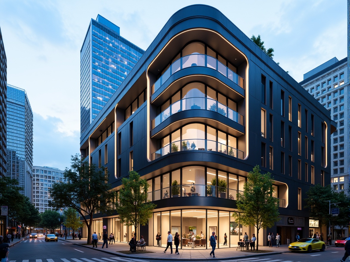 Prompt: Curved building facade, metallic materials, polished chrome accents, horizontal lines, rounded corners, minimalist ornamentation, large glass windows, sliding doors, cantilevered balconies, urban cityscape, busy streets, modern skyscrapers, cloudy blue sky, soft natural light, shallow depth of field, 2/3 composition, symmetrical framing, high-contrast lighting, detailed textures, ambient occlusion.