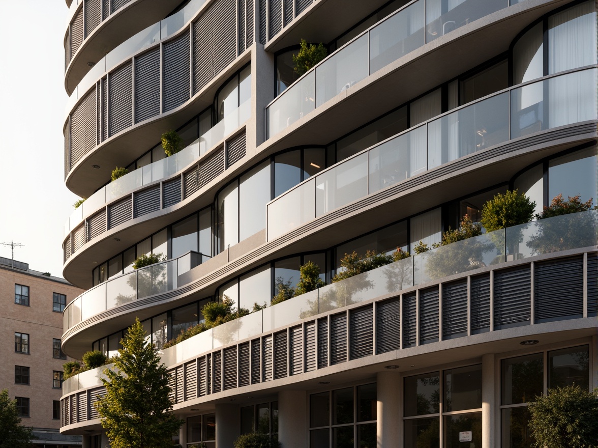 Prompt: Curved building facade, Art Deco inspirations, metallic materials, chrome accents, horizontal lines, rounded corners, minimalist ornamentation, large windows, sliding glass doors, balconies with metal railings, urban cityscape, morning sunlight, soft warm lighting, shallow depth of field, 3/4 composition, panoramic view, realistic textures, ambient occlusion.