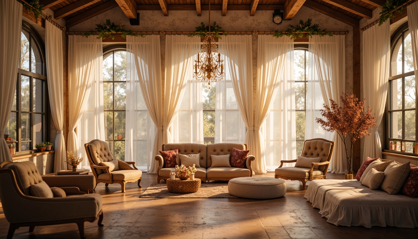 Prompt: Whimsical boudoir, soft candlelight, flowing silk drapes, delicate lace curtains, romantic florals, pastel color palette, ornate metalwork, distressed wood accents, plush velvet fabrics, intimate seating areas, floor-to-ceiling windows, sheer billowy treatments, layered tulle panels, warm golden lighting, shallow depth of field, 1/1 composition, soft focus effect, realistic textures, ambient occlusion.