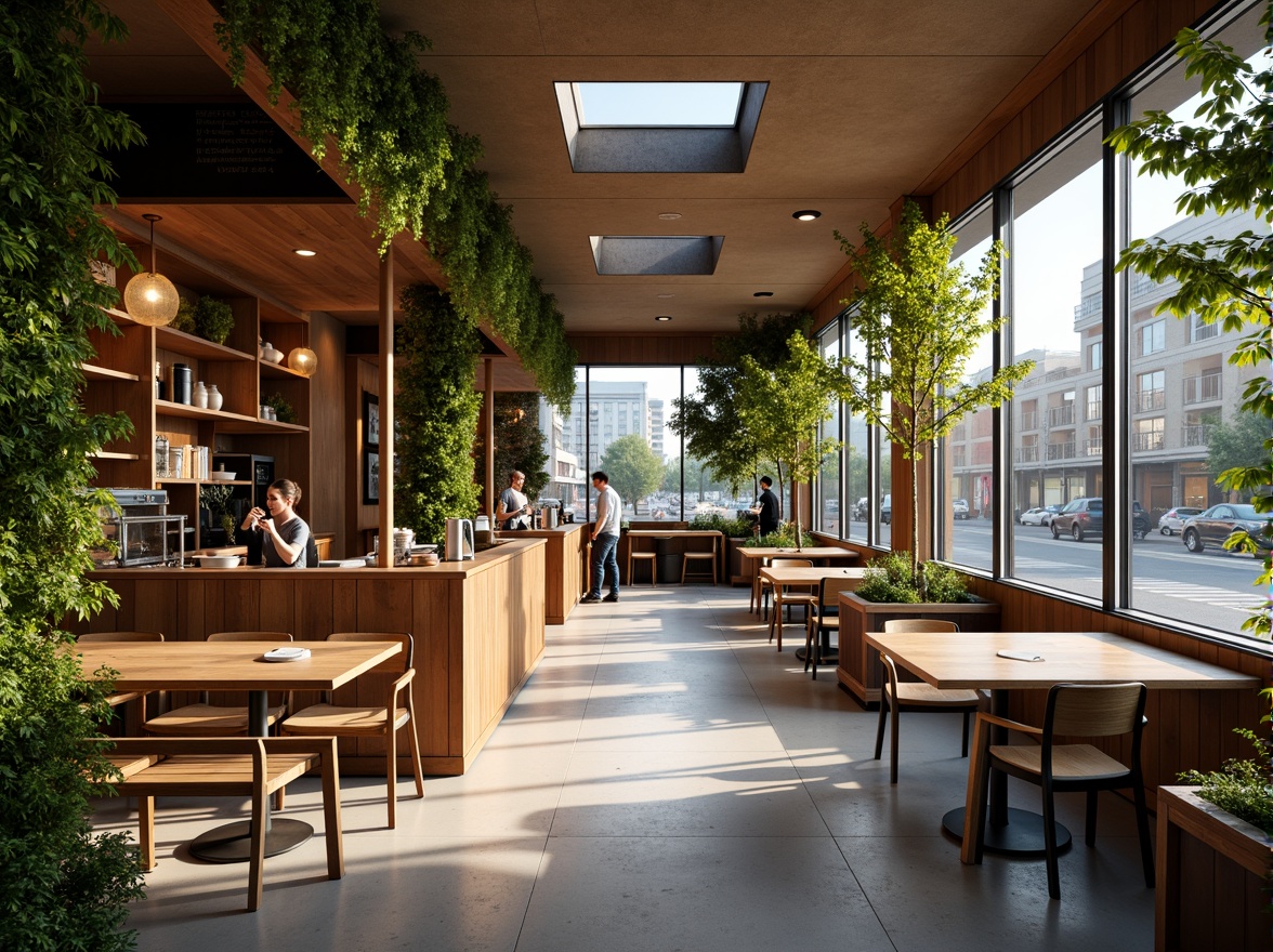 Prompt: Cozy coffee shop interior, warm wooden accents, large windows, glass doors, natural stone floors, minimalist decor, greenery walls, lush plants, skylights, clerestory windows, soft warm lighting, shallow depth of field, 3/4 composition, panoramic view, realistic textures, ambient occlusion, urban cityscape views, bustling street scenes, morning sunlight, afternoon warmth, comfortable seating areas, rustic wooden tables, industrial metal chairs.