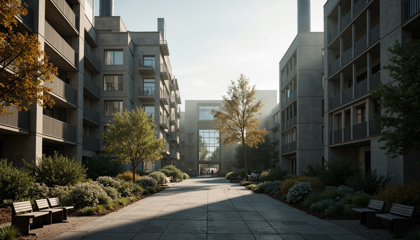 Prompt: Rugged university campus, brutalist architecture, raw concrete structures, exposed ductwork, industrial metal beams, weathered stone walls, angular geometric forms, fortress-like buildings, dense foliage, misty atmosphere, dramatic natural light, high-contrast shadows, cinematic composition, symmetrical framing, gritty textures, rough-hewn stone surfaces, oxidized metal accents, worn wooden benches, vintage educational signage, nostalgic retro aesthetics, warm afternoon sunlight, subtle fog effects, realistic ambient Occlusion.