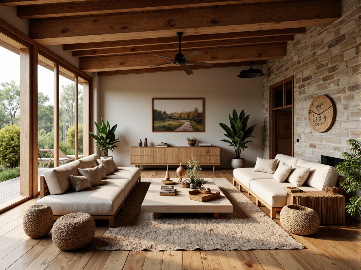 Prompt: Cozy living room, reclaimed wood flooring, natural stone walls, organic shapes, earthy color palette, woven textiles, rattan furniture, potted plants, greenery, floor-to-ceiling windows, soft warm lighting, shallow depth of field, 3/4 composition, panoramic view, realistic textures, ambient occlusion, bamboo accents, wicker decor, linen fabrics, natural fibers, eco-friendly materials, sustainable design, modern minimalist style.