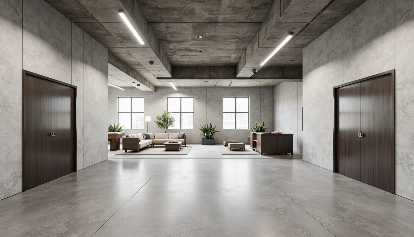 Prompt: Clean lines, minimal ornamentation, simple rectangular forms, neutral color palette, raw concrete walls, industrial-style metal doors, floor-to-ceiling windows, minimalist lighting fixtures, open-plan communal spaces, functional furniture, subtle texture variations, soft natural light, shallow depth of field, 1/1 composition, realistic material representations, ambient occlusion.