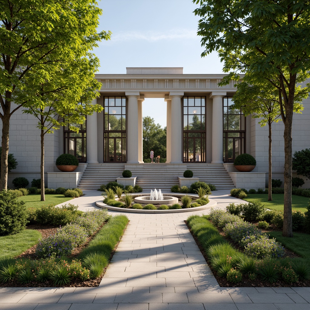 Prompt: Grand symmetrical entrance, majestic columns, identical twin staircases, mirrored fa\u00e7ades, central axis, perfect bilateral symmetry, imposing stone walls, ornate metal gates, manicured lawn, vibrant flowerbeds, radial pathways, circular fountains, serene ambiance, soft natural lighting, 1/1 composition, low-angle shot, realistic rendering, subtle atmospheric effects.