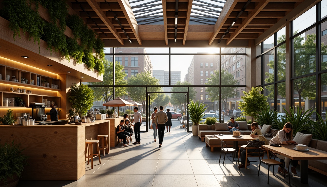 Prompt: Cozy coffee shop interior, warm wooden accents, large windows, glass doors, natural stone floors, minimalist decor, greenery walls, lush plants, skylights, clerestory windows, soft warm lighting, shallow depth of field, 3/4 composition, panoramic view, realistic textures, ambient occlusion, urban cityscape views, bustling street scenes, morning sunlight, afternoon warmth, comfortable seating areas, rustic wooden tables, industrial metal chairs.