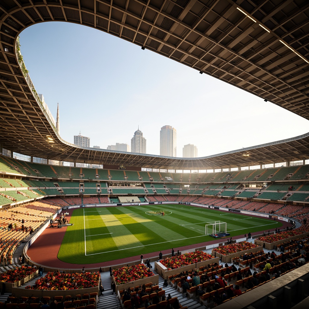 Prompt: Vibrant soccer stadium, bold architectural lines, dynamic curves, bright colorful seating, ethnic patterned fa\u00e7ade, traditional African textiles, intricate Islamic geometric motifs, warm golden lighting, atmospheric misting systems, lush green roofs, urban cityscape backdrop, modern minimalist design, sustainable energy solutions, solar panels, wind turbines, water conservation systems, eco-friendly materials, innovative cooling technologies, shaded outdoor spaces, panoramic views, realistic textures, ambient occlusion.